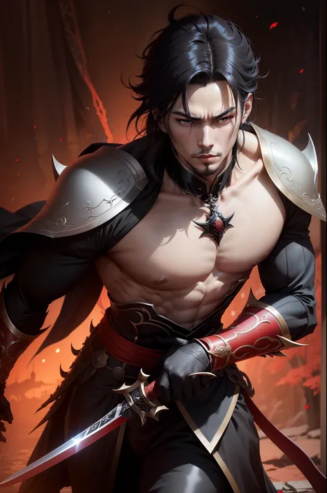 A man in a black and red costume holds a sword, by Yang J, handsome guy in demon slayer art, heise jinyao, Inspired by Hong Ren, beautiful androgynous prince, Inspired by Zhang Senyao, inspired by Yeong-Hao Han, inspired by Yang Jin, 2. 5 d cgi anime fanta...