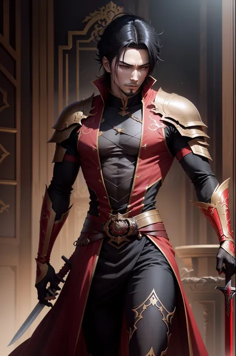 A man in a black and red costume holds a sword, by Yang J, handsome guy in demon slayer art, heise jinyao, Inspired by Hong Ren, beautiful androgynous prince, Inspired by Zhang Senyao, inspired by Yeong-Hao Han, inspired by Yang Jin, 2. 5 d cgi anime fanta...