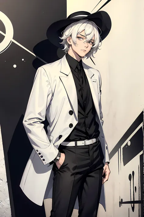 best quality,masterpiece,original,extremely detailed wallpaper,looking at viewer,1boy,male,male focus,solo,white hair,messy hair,bangs under hair,hidden eyes,fedora, graffiti black white shirt,saturn ring hat,black pants,smug,