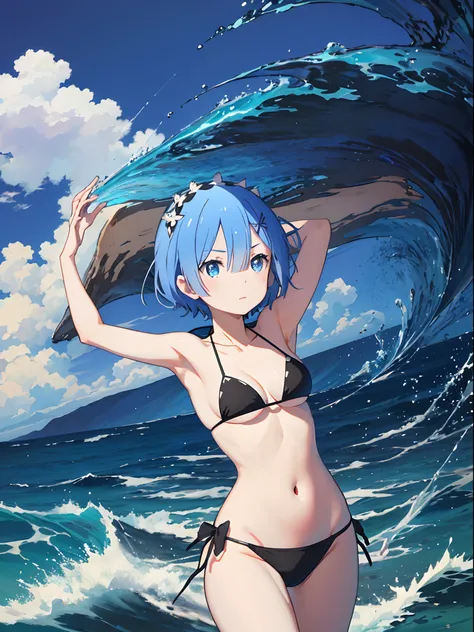 (Masterpiece: 1.6, Best Quality), (Fine Beautiful Eyes: 1.2), ph_rem, Remhd, 1girl, Blue hair, Solo, Blue eyes, Maid, Sea, Bay, Daylight, Tree, Wave, Raise Your Arms, Micro Bikini, Swimsuit