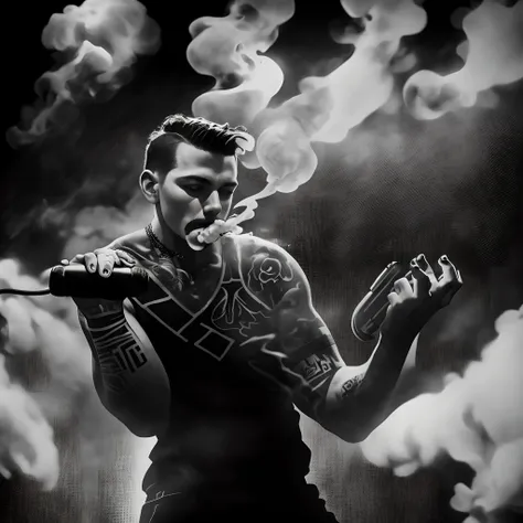 The cover shows a black-and-white image of a hand holding a microphone on a dark, smoke-filled stage.. The hand is covered in tattoos and looks strong and powerful.