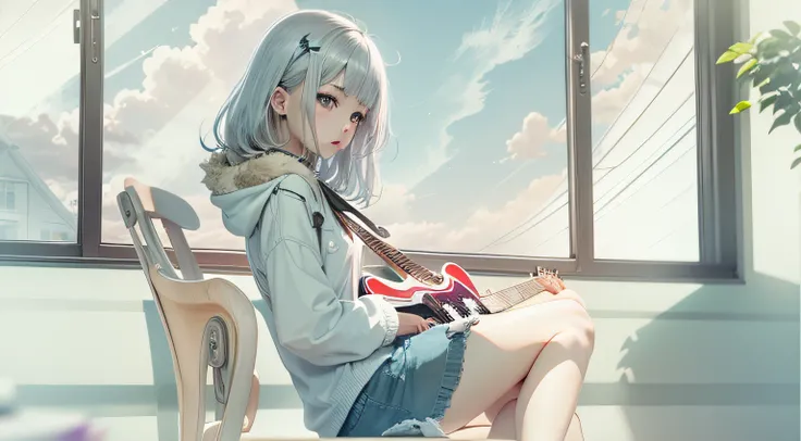 Playing the guitar、Medium Hair、female pervert、Silver hair color、Sitting on a chair