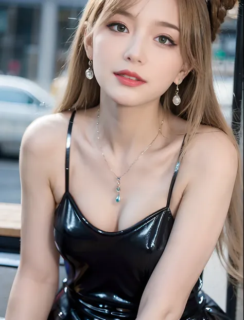 Random posture, (extremely delicate and beautiful work), (masutepiece), 1girl in, Girl in shiny black transparent dress, Highly detailed, waist leaking, ponytail contorted, enticing expression, Beautiful and clear eyes, green eye pupil, delicate necklaces,...