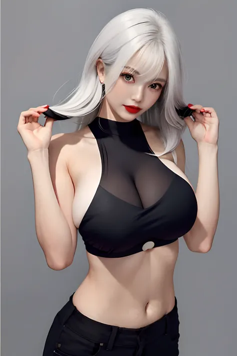 girl with, bangss, bare shoulders​, Black pants, breastsout, Breasts squeezed together, greybackground, hair between eye, huge-breasted, length hair, Look at viewers, underpants, cparted lips, red eyes, The shirt, simple background, 独奏, white  hair,(shinny...