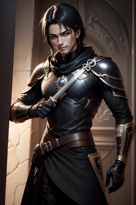 Slightly longer black hair　Young handsome prince with dark eyes　Metallic black special forces exterior　Gentle eyes　Handsome prince with a gentle smile　Equipped with a sword at the waist　Wearing black leather gloves on hands　ruins　Gwaitz style　realisitic　Pr...