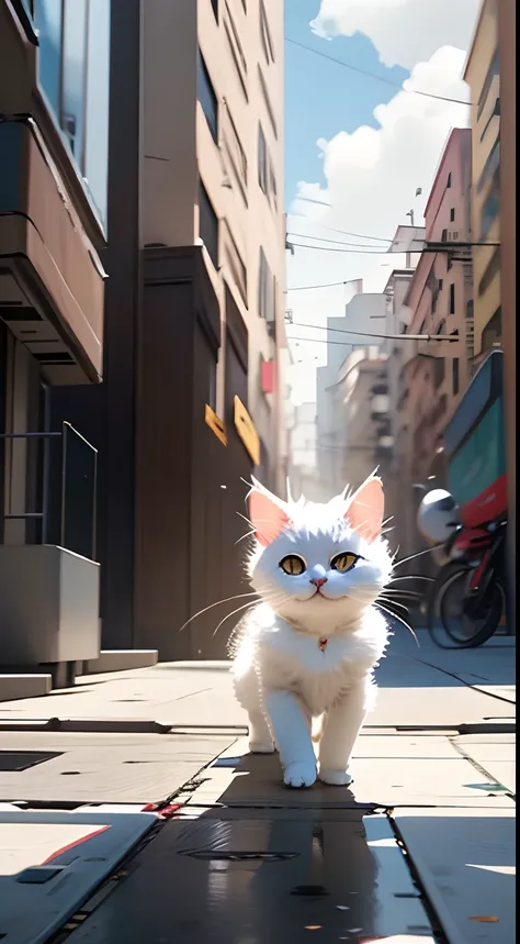 Cute kitten。Face forward。kawaii。White hair。Urban street background，中景 the scene is，Full body like， Highly detailed two-dimensional anime special effects，oc rendered，Shot at 70 mm - AR 16:9 --q 2 --s 1000