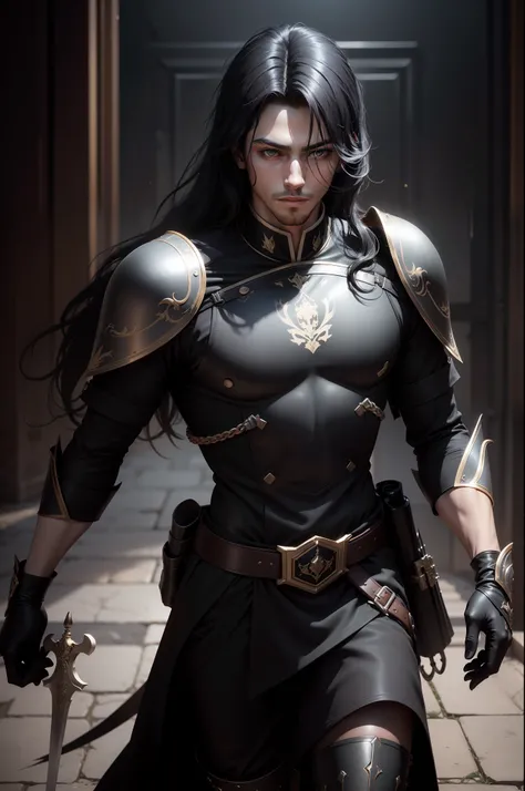 Slightly longer black hair　Young handsome prince with dark eyes　Metallic black special forces exterior　Gentle eyes　Handsome prince with a gentle smile　Equipped with a sword at the waist　Wearing black leather gloves on hands　ruins　Gwaitz style　realisitic　Pr...