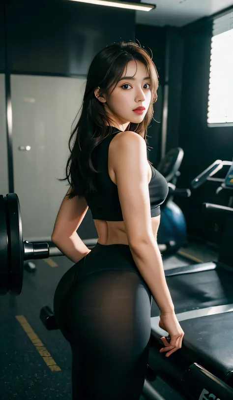 (8k, RAW photo, best quality, masterpiece:1.2), (realistic, photo-realistic:1.37),1girl, professional lighting, photon mapping, radiosity, Korean Doll, leggings, gym, big butt