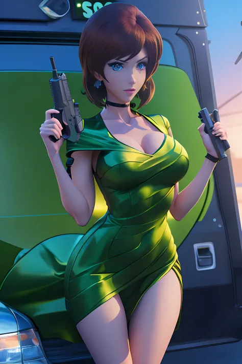 a close up of a woman holding a gun in a green dress, realistic anime 3 d style, rendered in sfm, game cg, anime styled 3d, glamorous jill valentine, artgerm ; 3d unreal engine, faye valentine, perfect dark, 3 d anime realistic, 3d anime girl, sfm render, ...