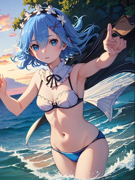 ((top-quality)), ((​masterpiece)), ((ultra-detailliert)), (extremely delicate and beautiful), ,(Masterpiece: 1.6, Best Quality), (Fine Beautiful Eyes: 1.2), ph_rem, Remhd, 1girl, Blue hair, Solo, Blue eyes, Maid, Sea, Bay, Daylight, Tree, Wave, Raise Your ...