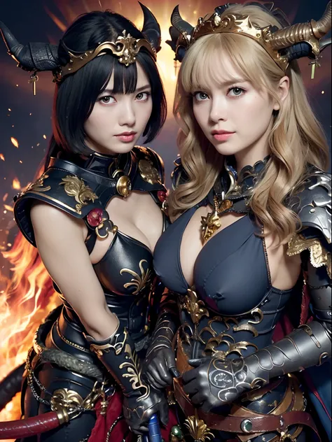 Professional , ​masterpiece、top-quality、photos realistic , depth of fields 、（Dragon Black Metal Body:1.９),(Matte Blue Black、(Night World)、（cleavage of the breast）、Dragon Gold Weapon、（Micro Bikini Armor:1.４),Mystical expression、Gorgeous gold weapons ,（Fight...