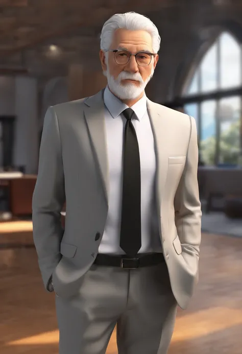 {OLD MAN, white hair} [SUIT BLACK AND TIE], [STANDING LOOKING FROM THE SIDE], IN THE OFFICE HALLWAY