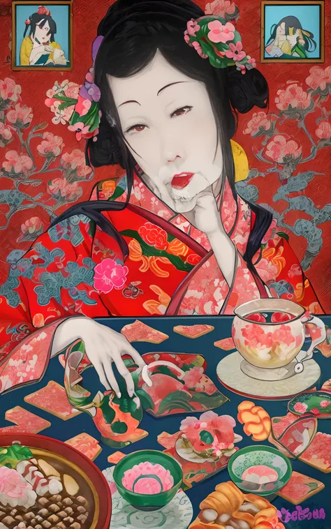 ukiyoe painting、Beautiful fresh flowers on the background of the red room、Woman in pink embroidered kimono、On a blue tablecloth table、Croissants and、Waffles and、Cakes and donuts、salad、macha、black tea、sandwich、tea、candy、wagashi、Pastry、Enjoying modern coffee...