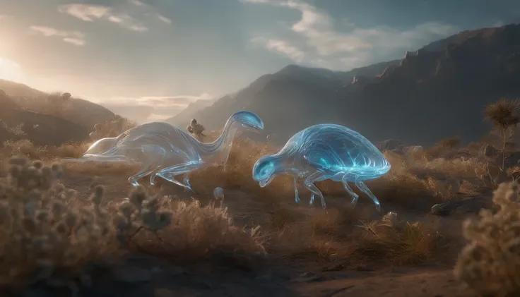 Transparent ethereal alien creatures，中景 the scene is，Full body like， highly detailed surreal vfx，oc rendered，Shot with 70 mm - AR 16:9 --q 2 --s 1000