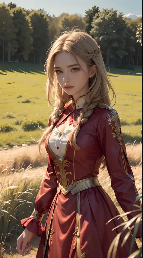 best quality, unity 8k cinematic, high detail face, masterpiece, ultra realistic, 1girl, red warrior dress white edge, super beautiful hair, grass field background