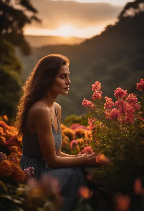 mulher de costa  nua em parque gramado com flores e entardecer,