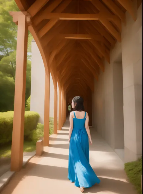 arafed woman in a blue dress walking through a wooden archway, hsiao-ron, son, vacation photo, photoshot, album art, hong soonsang, profile picture 1024px, taken at golden hour, shot on sony a 7 iii, inspired by Yosa Buson, shot on nikon z9