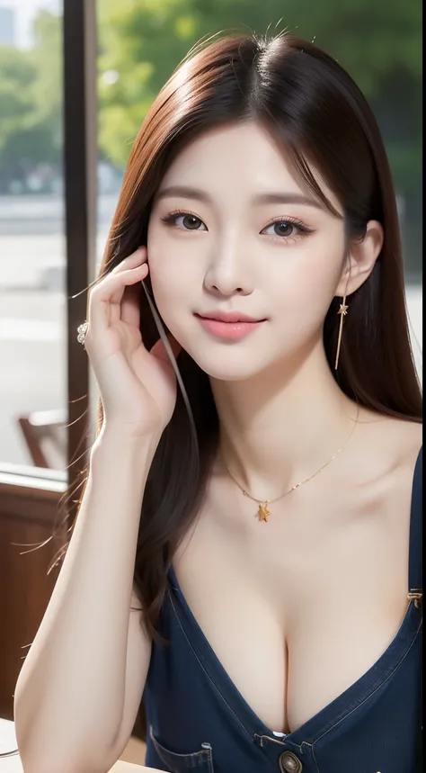 realistic photos of 1 cute Korean star, hair behind ears, white skin, thin makeup, 32 inch breasts size, wearing v-neck shirt,at river front café, with crowded, upper body portrait, Nikon, 85mm, f/16, UHD