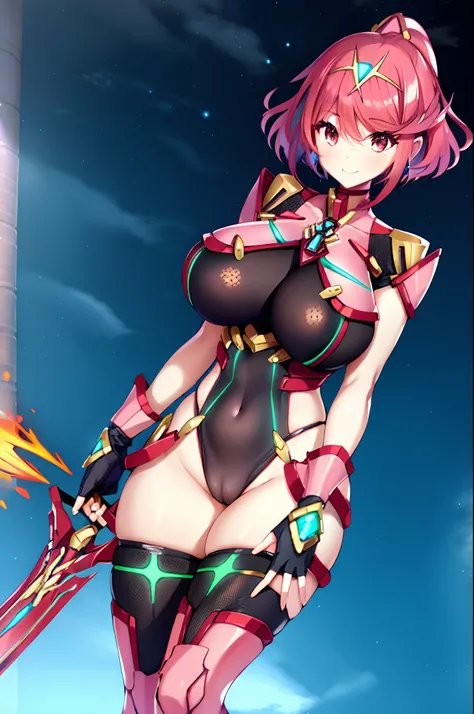 pyra (xenoblade), teen_1girl, loli, bangs, black gloves, breasts, red eyes, shout, earrings, eyelashes, fingerless gloves, floating hair, , gem, gloves, hair ornament, headpiece, jewelry, big_breasts, leaning back, swimsuit, neon trim, official art, pose, ...