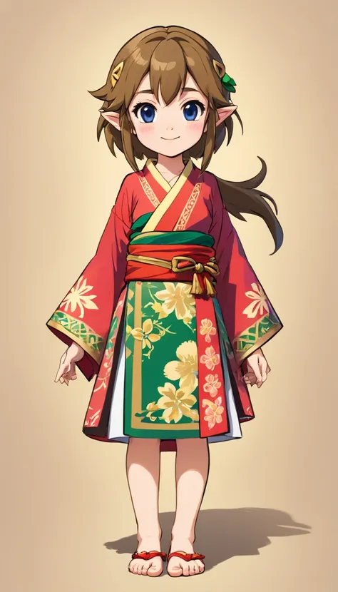 "Create cute cartoon style drawings, A 7-year-old Japanese girl smiled slightly, Similar to Blythe dolls. She wears a kimono, Brunette style is Bob, Dark eyes, Cute little nose, and slender figure. The girl stands face forward，Hands hang at your sides, Leg...