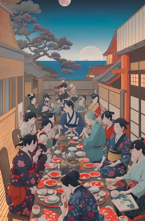 Ukiyo-e style、There are people who eat modern dinners、It is a detailed and realistic rendering with a sense of perspective..、There is a full moon、You can see the sea in the distance、Modern buildings、Ukiyo-e mixed with modern、​masterpiece