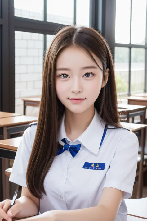 8k Beautiful high school girl in summer uniform with double eyelids studying in classroom