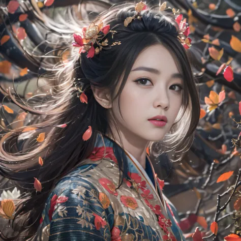 32K（tmasterpiece，k hd，hyper HD，32K）Long flowing black hair，ponds，zydink， a color， Xuzhou people （Silly girl）， （Silk scarf）， Combat posture， looking at the ground， long whitr hair， Floating hair， Carp pattern headdress， Chinese long-sleeved clothing， （abstr...