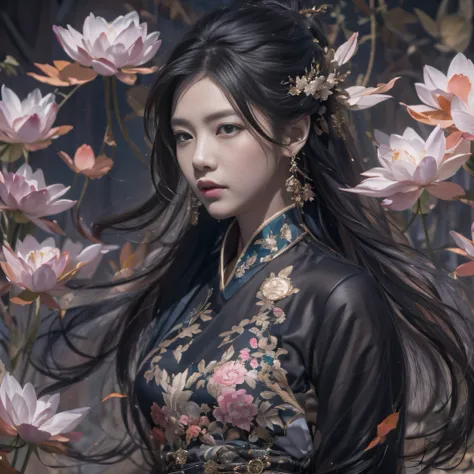 32K（tmasterpiece，k hd，hyper HD，32K）Long flowing black hair，ponds，zydink， a color， Xuzhou people （Silly girl）， （Silk scarf）， Combat posture， looking at the ground， long whitr hair， Floating hair， Carp pattern headdress， Chinese long-sleeved clothing， （abstr...