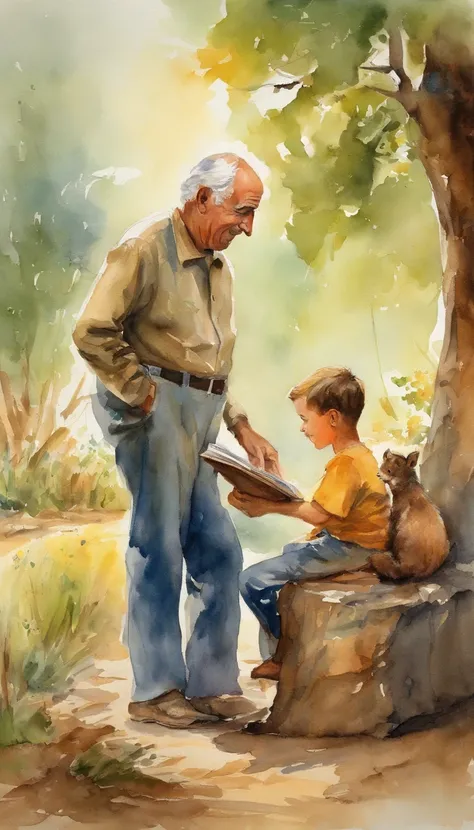 Grandfather talking to grandson with childrens book