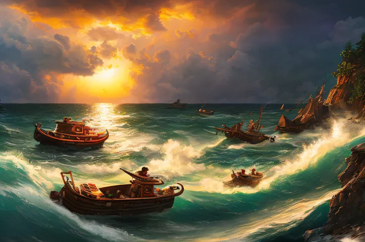 scene of a litle boat, 3 people, bustling sea, great storm, tsunami, sunlight, glow, scenery concept art, overgrowth. by Renoir , relaxing concept art, traditional classic concept art, a beautiful artwork illustration. high detail, background art, detailed...