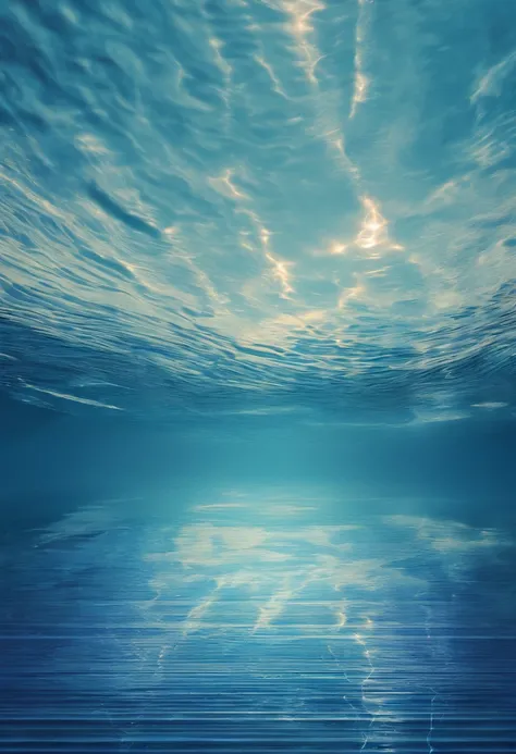 Calm water surface，Textured piano，Advanced light，Extremely detailed reflection of water ripples，Deep blue water，Piano on stage in the distance