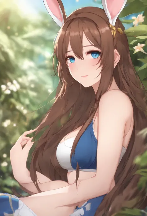 Hot anime waifu,big breasts,big ass,long brown hair,wearing bunny ears,wearing a tank top,blue eyes,