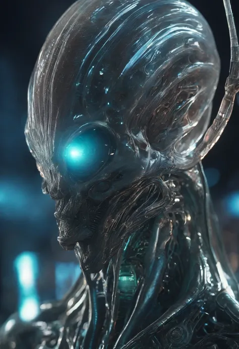 Van Terchall, A translucent ethereal alien，It has refined features in a sci-fi environment, glowing from within, Sparks and lights, Moonlight, Moon, Close-up, Realistic, Highly detailed, Intricate