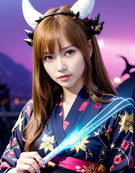 ((World of Darkness)),Professional , ​masterpiece、top-quality、photos realistic , depth of fields 、Dark Fantasy、（Ultimate Beauty）、A dark-haired、（White bikini armor)、（Kimono with beautiful pattern）、（Night background）、（（a dark night））,(Wear a beautiful kimono...