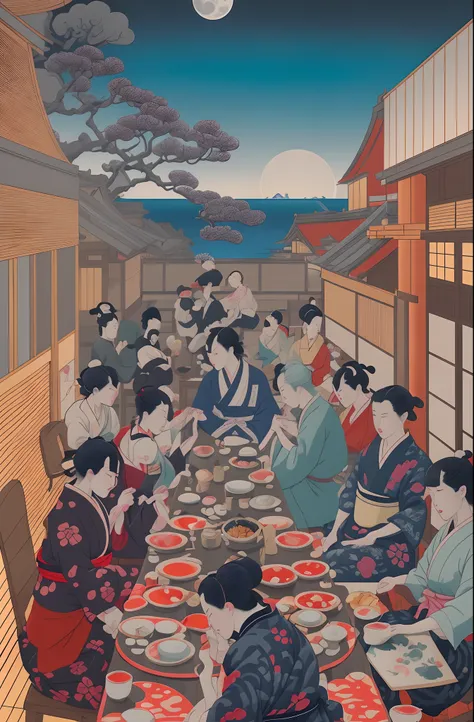 Ukiyo-e style、There are people who eat modern dinners、It is a detailed and realistic rendering with a sense of perspective..、There is a full moon、You can see the sea in the distance、Modern buildings、Ukiyo-e mixed with modern、​masterpiece