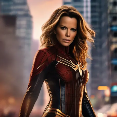 Kate Beckinsale em traje marrom detalhado do Homem-Aranha, seios grandes, super hero pose, Standing in the city raining at sunset, hiperdetalhado, smoke billowing, Sparks, raios solares, (8k), realista, symmetr, Concedido, cinematographic lightning, Enchar...