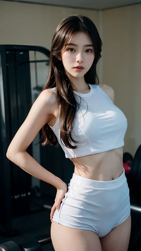 Slender Asian girl, kpop idol, ((gym uniform)), ((top quality, 8k, masterpiece: 1.3)), crisp focus: 1.2, beautiful woman with perfect figure: 1.4, highly detailed face and skin texture, detailed eyes, ((skinny)), beautiful face, symmetrical face, full-leng...