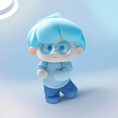 2.5D characters，Little boy with light blue hair，wears glasses，Exquisite rendering，Natural light，No background