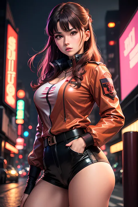 high quality,ultra-detailed,Misato Katsuragi(1:1),anime-style,studio-lit,portrait,expressive eyes,rosy lips,short brown hair,military uniform,serious expression,neon cityscape background,bokeh lights,moody atmosphere,colorful tones