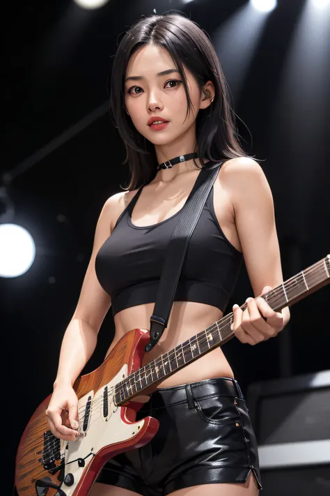 (a Japanese girl playing black electric guitar on a stage:1.2), slightly tanned skin, 8k, highly detailed skin, brown almond eyes, (thin:1.2), feminine style, one girl, long straight black hair, black tank top, camera gaze, night cityscape, blurry backgrou...