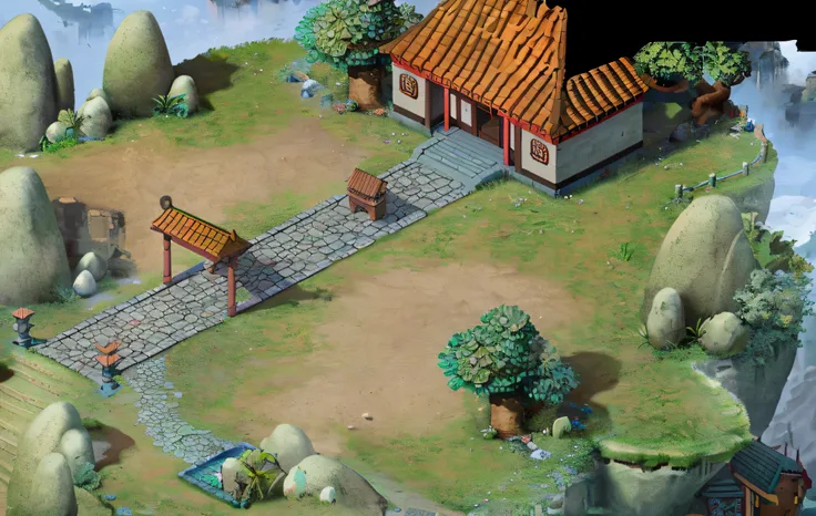 there is a small house with benches on the island, isometric game asset, 2d game environment design, rpg game environment asset,...