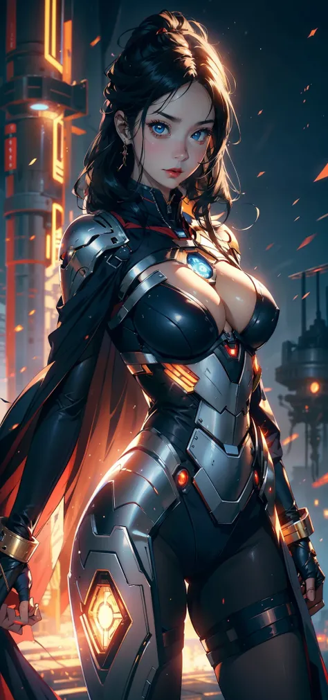 1female，35yo，plumw，extremely large bosom， 独奏，（Background with：Huge machinery，droid，aerodrome，Planes，Huge mechanical armor，） She has long black hair，Stand on the plane，，seen from the front， hair straight， mostly cloudy sky，（（（tmasterpiece），（Very detailed CG...