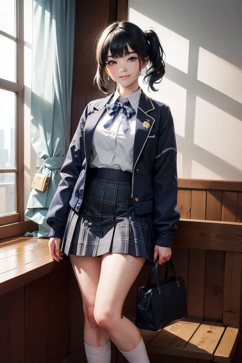 masutepiece, Super Detail, High quality, awardwinning, 8K, (girl), Solo, Smiling, japanese hight school uniform, (All jackets are dark navy blue), White shirt, Short skirts are plaid, Socks are dark navy, Theme color is dark navy, Subcolor is white, Full b...