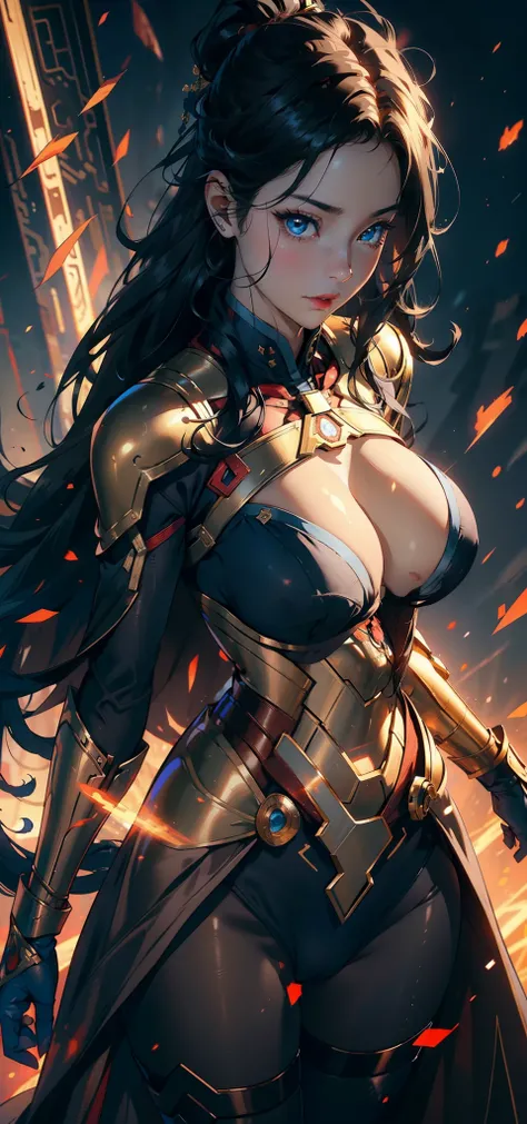 1female，35yo，plumw，extremely large bosom， 独奏，（Background with：Huge machinery，droid，aerodrome，Planes，Huge mechanical armor，） She has long black hair，Stand on the plane，，seen from the front， hair straight， mostly cloudy sky，（（（tmasterpiece），（Very detailed CG...