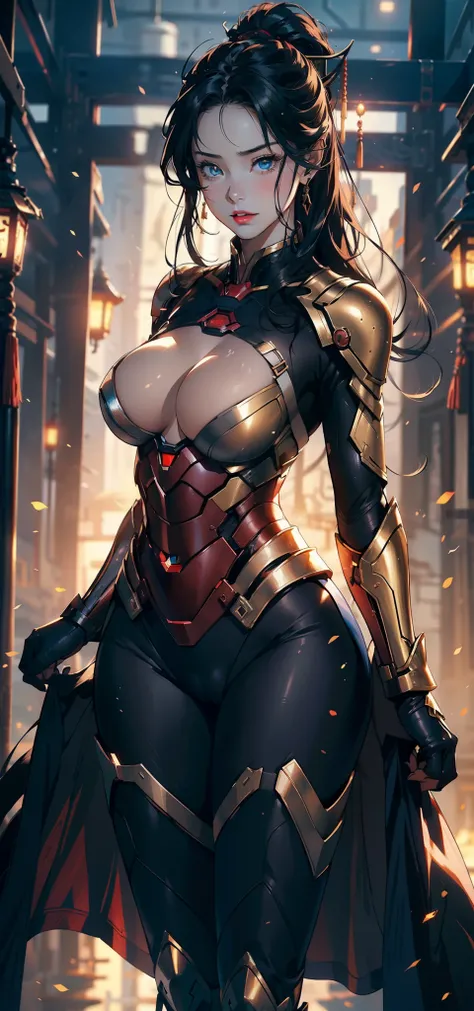 1female，35yo，plumw，extremely large bosom， 独奏，（Background with：Huge machinery，droid，aerodrome，Planes，Huge mechanical armor，） She has long black hair，Stand on the plane，，seen from the front， hair straight， mostly cloudy sky，（（（tmasterpiece），（Very detailed CG...