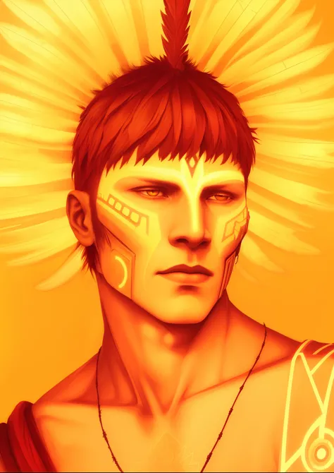 Cinematic hyperrealistic image of a warrior man with a headdress on his head, solarpunk humano, portrait of a digital shaman, macho com halo, seres solares, the non-binary deity of spring, selk  nam deus do sol, inspirado em Leo e Diane Dillon, portrait of...