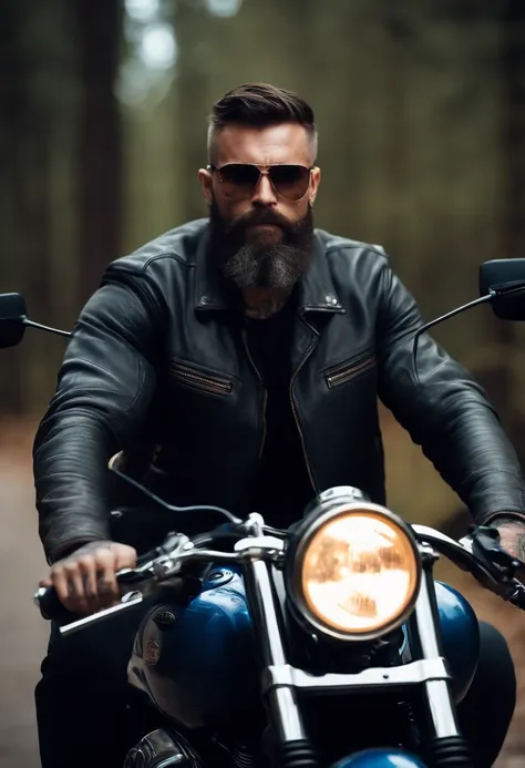 Portrait of a father create a man with rugged looks and beard with tattoos and is on a motorcycle, he should have dark hair and piercing blue eyes