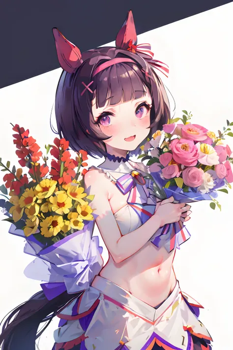 NSFW,bared chest,Revealing clothes,Uma Musumes Nishino Flower,Uma Musume,Nishino flower,shorth hair,Katyusha,Big horse ears,Cute horse tail,doress,small tits,flat breast,Smile with open mouth,flower bouquet,red blush,Shy face,Top image quality,Best Qualit...