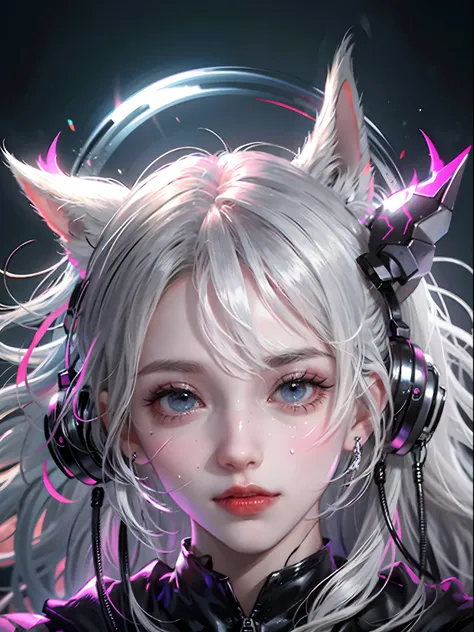 Hair side up, neon hair, cloud hair, ((hair covered ears)), (ears covered by hair), demon horn, scar on cheeks, mask, half, headphones, multiple hair bows, empty eyes, tears, bat ears, iceberg beauty, smile, shyness, upside down, ray tracing, reflected lig...