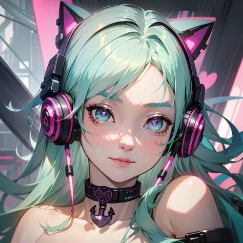 Striped hair, Silver hair, anchor choker, mismatched pupils, long eyelasher, aqua eyes, An amazing cyberpunk girl, Light smile, Long legs, Colored inner hair, Cat ear headphones, Heart-shaped pupils, Close-up, High detail, futurism, 8K, Super detail, High ...